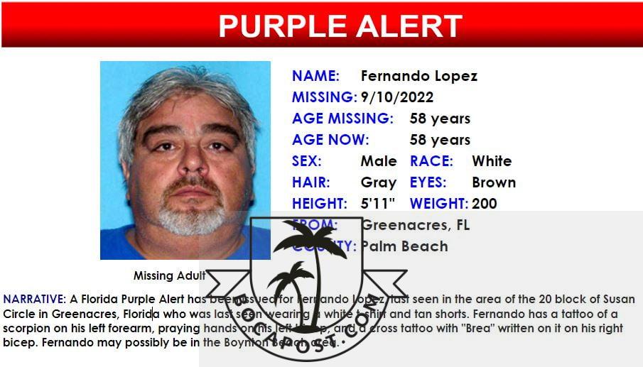 Purple Alert Issued For 58-Year-Old Greenacres Man - Fernando Lopez