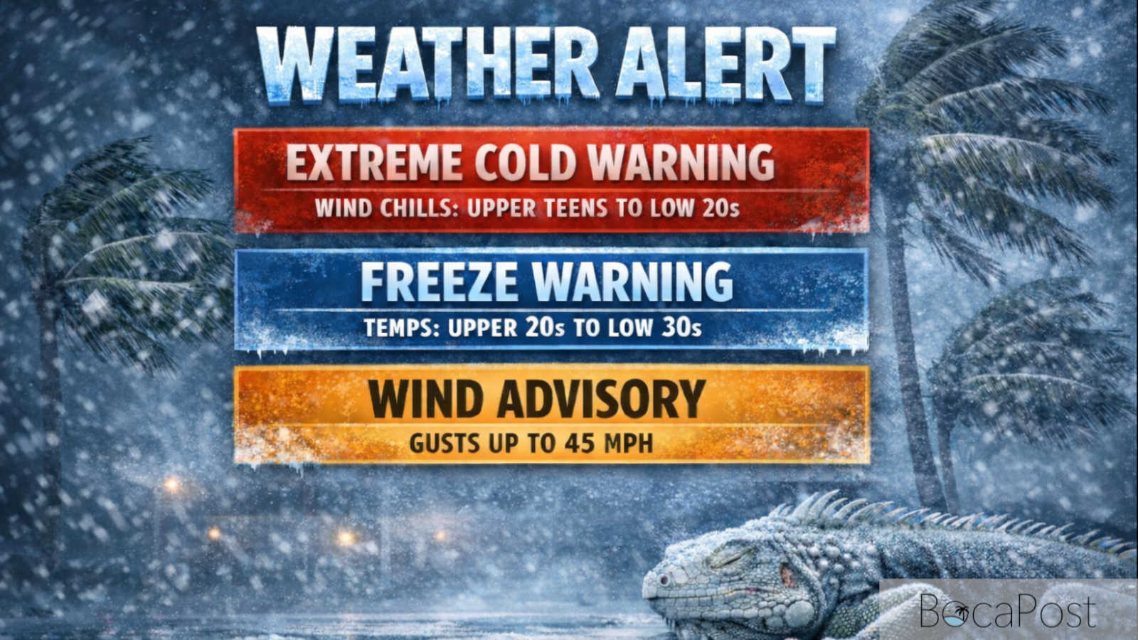 Boca Raton Under Extreme Cold, Freeze, and Wind Alerts Overnight