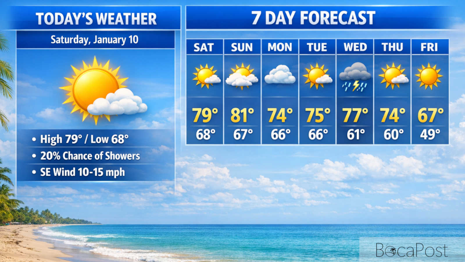 Boca Raton Warms Up Today, Then Turns Windy as Front Brings Showers and Rough Seas - Saturday, January 10, 2026