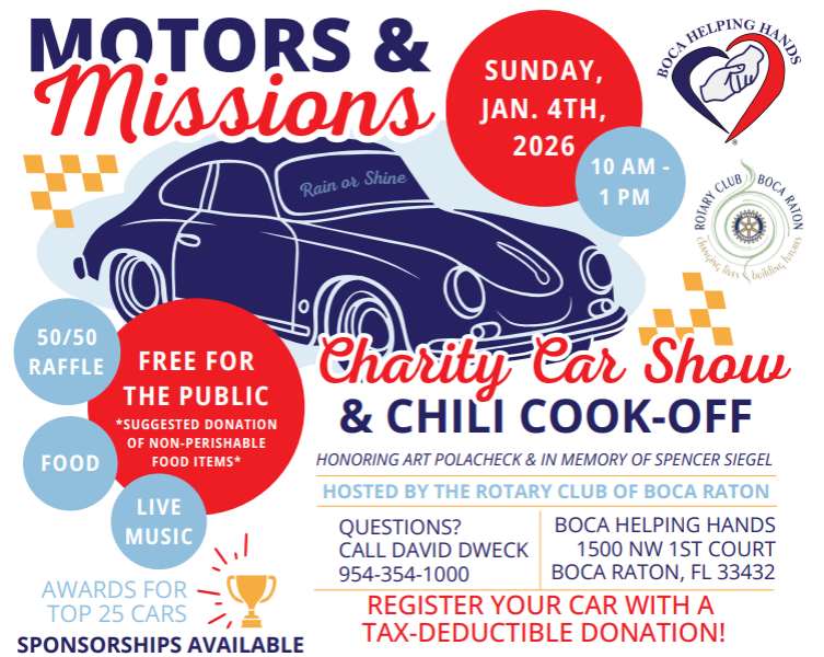 Motors & Missions Car Show, Chili Cookoff Set Sunday In Boca To Benefit Boca Helping Hands