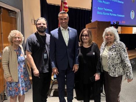 Boca Raton Mayoral Candidate Andy Thomson, Center, Pictured At A Local Political Meeting In Boca Raton Earlier This Month.
