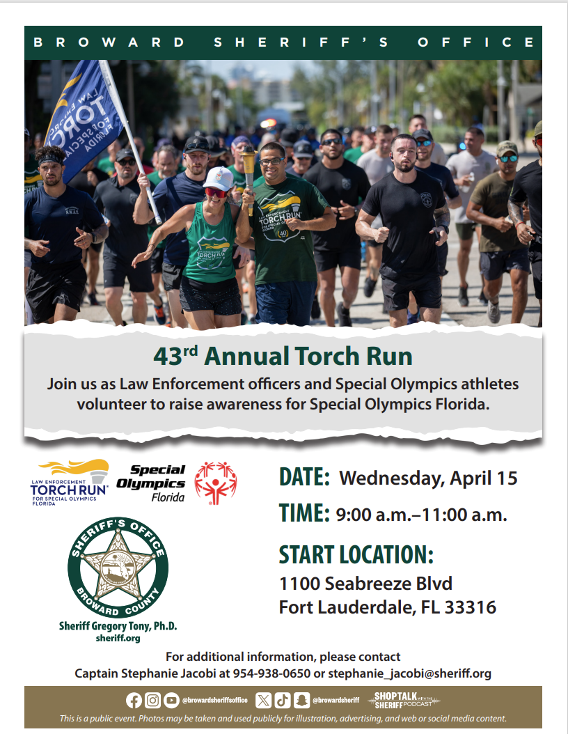 Bso, Special Olympics Florida Set April 15 Torch Run In Fort Lauderdale To Sea Ranch Lakes