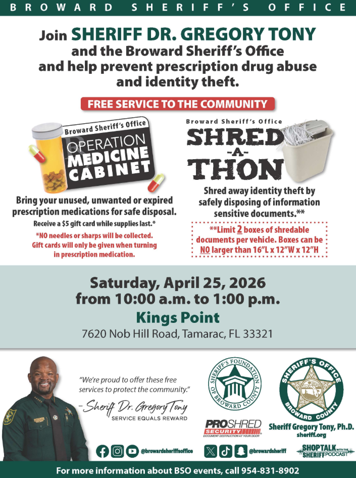 Bso Hosting Free Medicine Drop-Off And Shred Event In Tamarac April 25
