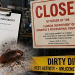 Ai-Generated Dirty Dining Illustration Showing A Restaurant Closure Notice, Food Service Inspection Report, And Roach Imagery Related To South Florida Restaurant Inspections.