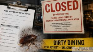 Ai-Generated Dirty Dining Illustration Showing A Restaurant Closure Notice, Food Service Inspection Report, And Roach Imagery Related To South Florida Restaurant Inspections.