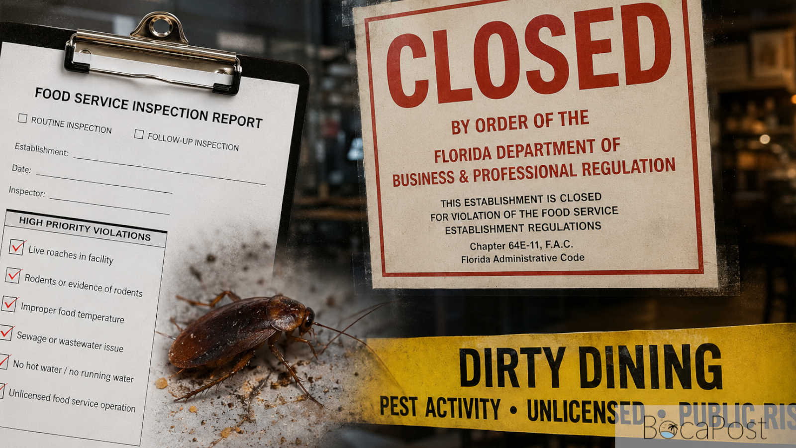 AI-generated Dirty Dining illustration showing a restaurant closure notice, food service inspection report, and roach imagery related to South Florida restaurant inspections.