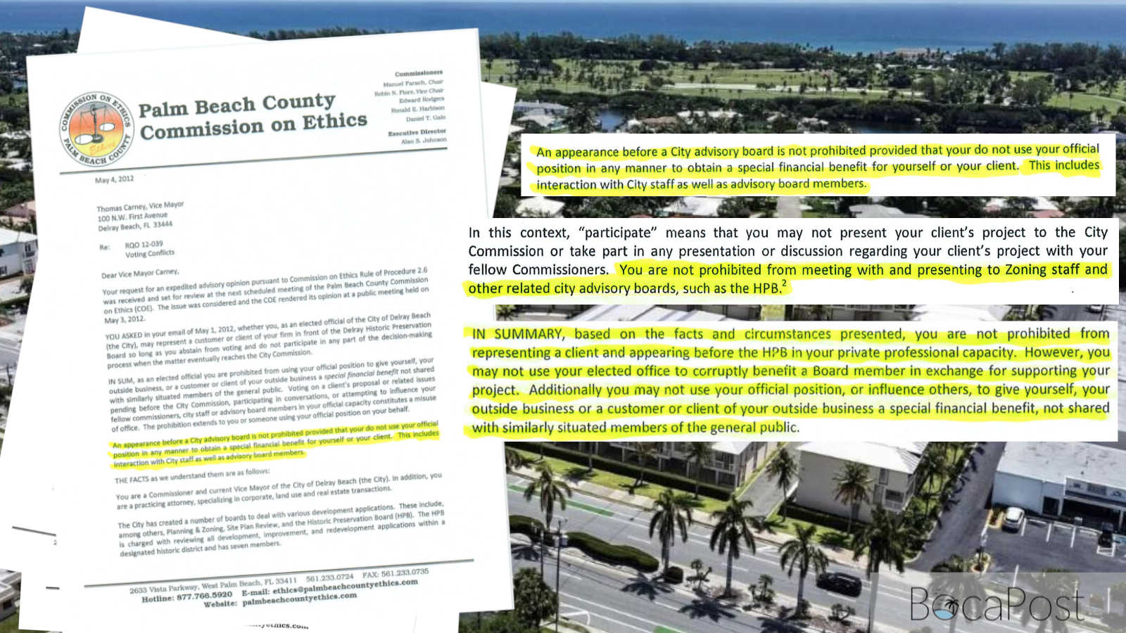 Palm Beach County Commission on Ethics letter addressed to Thomas Carney regarding voting conflicts.
