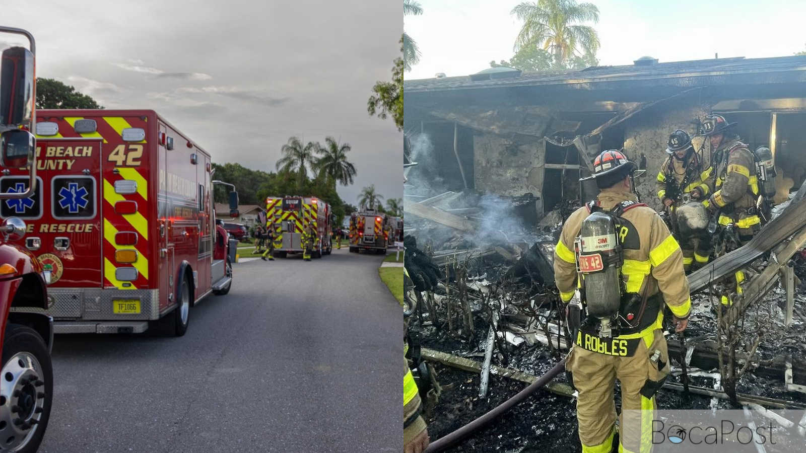Palm Beach County Fire Rescue crews at a duplex fire in western Delray Beach.