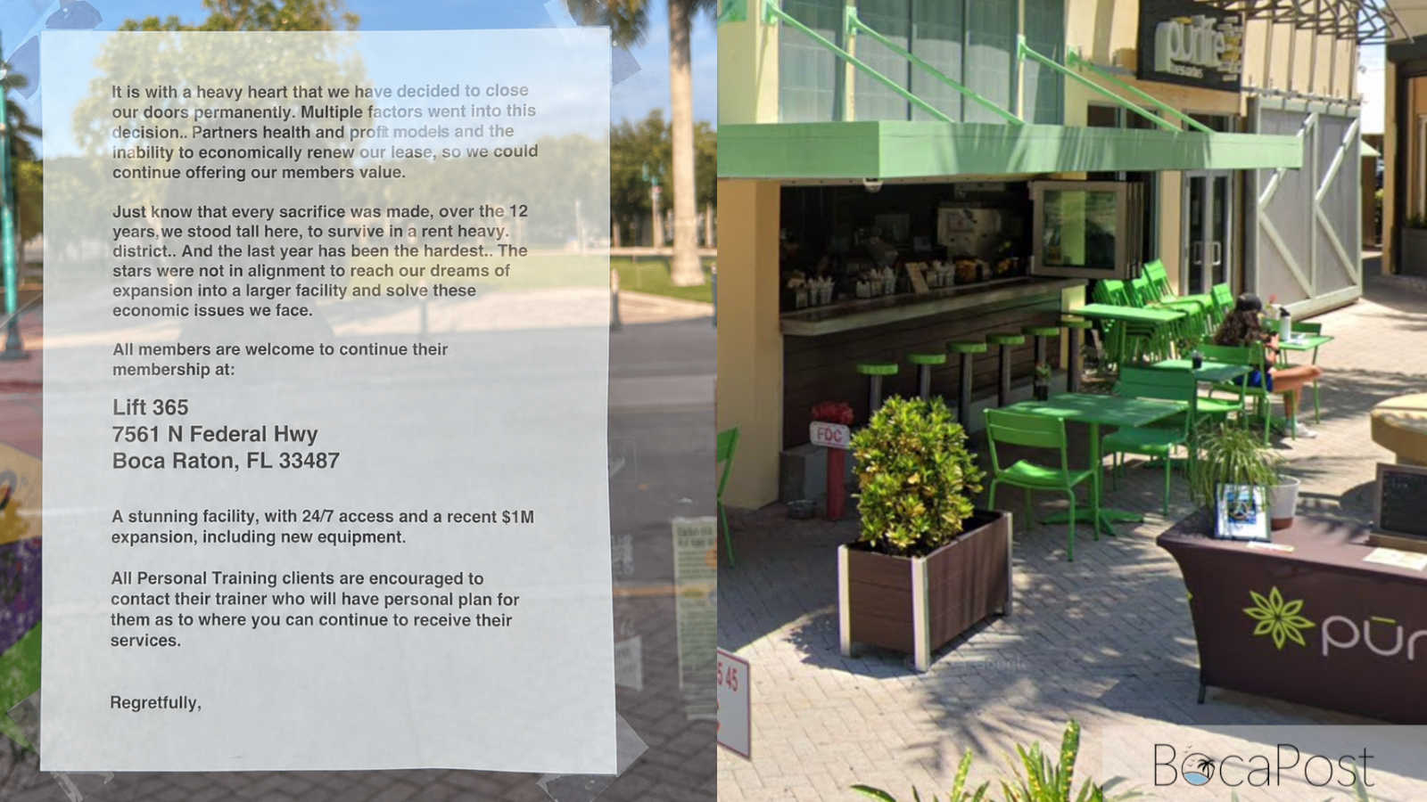 Closure notice taped to the front window of PurLife Fitness in Delray Beach.