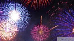 Fireworks Bursting In Red, White And Blue Over The Intracoastal Waterway During West Palm Beach'S 4Th On Flagler Independence Day Celebration.