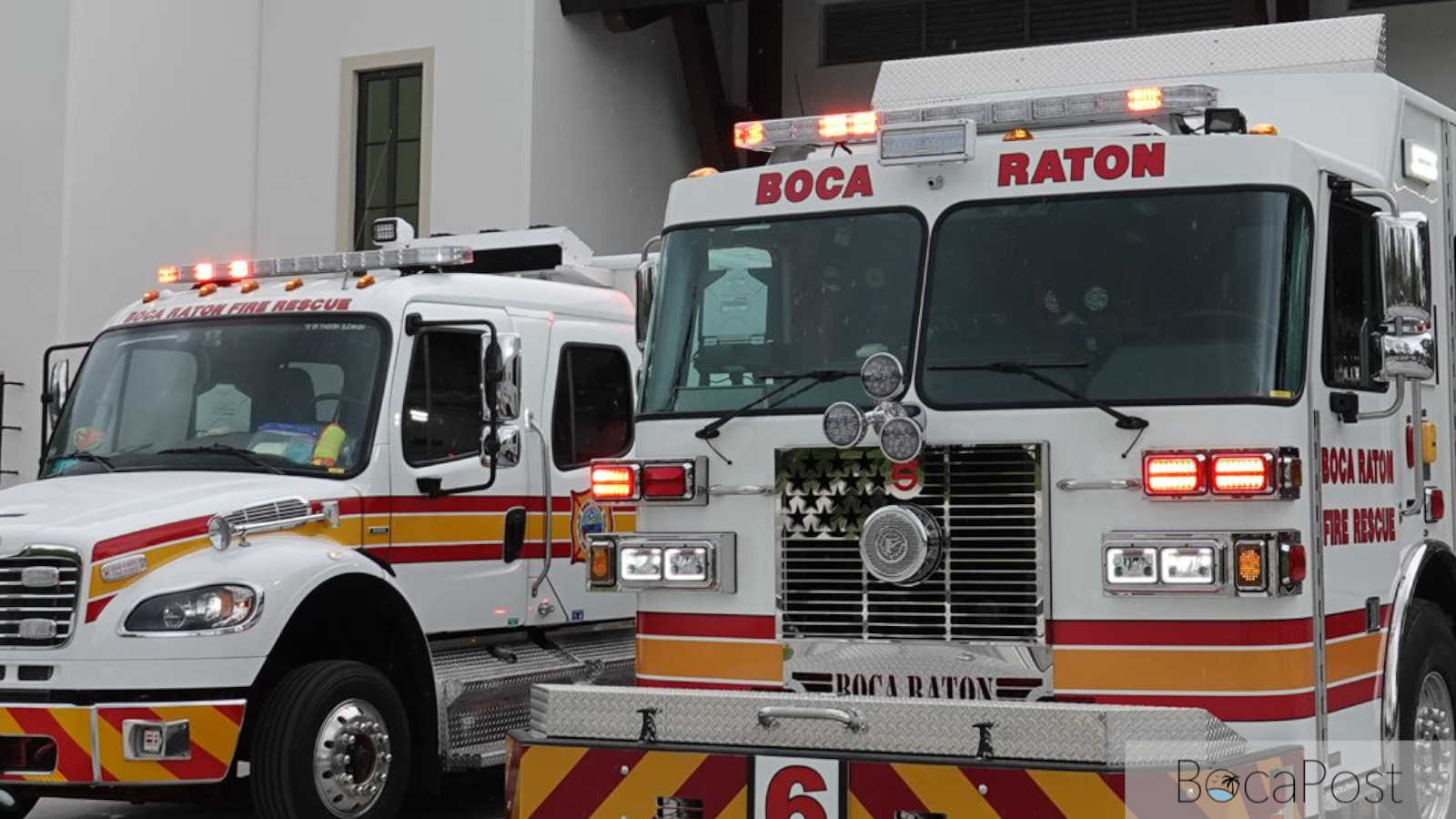 A Boca Raton Fire Rescue engine parked outside a fire station.