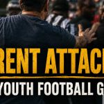 Illustration Of A Man With His Arm Outstretched Approaching A Confrontation Between Adults Near A Football Sideline, With Youth Players In Helmets And A Scoreboard Visible In The Background.
