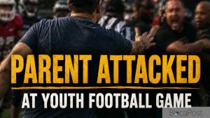Illustration Of A Man With His Arm Outstretched Approaching A Confrontation Between Adults Near A Football Sideline, With Youth Players In Helmets And A Scoreboard Visible In The Background.