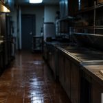 Darkened Commercial Kitchen With Stainless Prep Counters, A Single Overhead Light, And A Clipboard And Gloves Left On The Counter