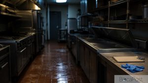 Darkened Commercial Kitchen With Stainless Prep Counters, A Single Overhead Light, And A Clipboard And Gloves Left On The Counter
