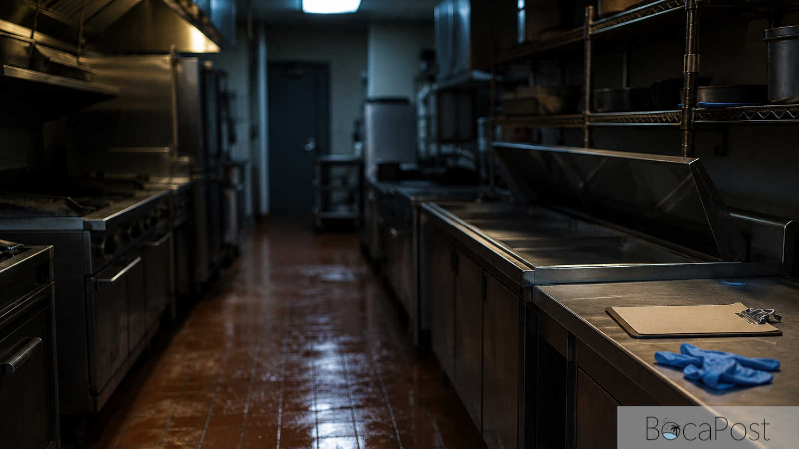 Darkened commercial kitchen with stainless prep counters, a single overhead light, and a clipboard and gloves left on the counter