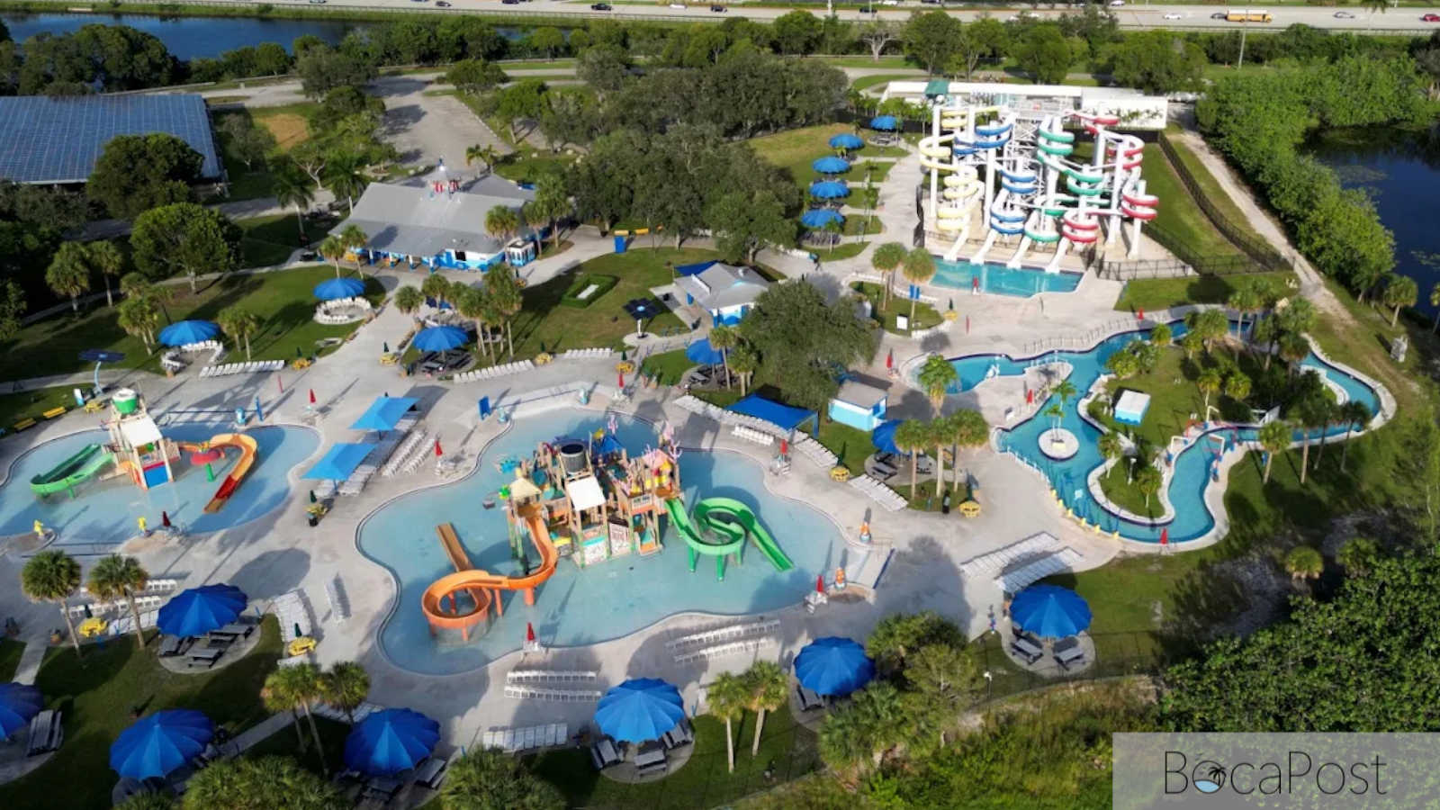 Aerial view of Paradise Cove Waterpark facilities in Pembroke Pines, Florida.