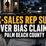 Dramatic Local News Graphic Showing A Blurred Door-To-Door Sales Scene, Legal Papers And Centered Text Reading “Ex-Sales Rep Sues Over Bias Claims Palm Beach County.”