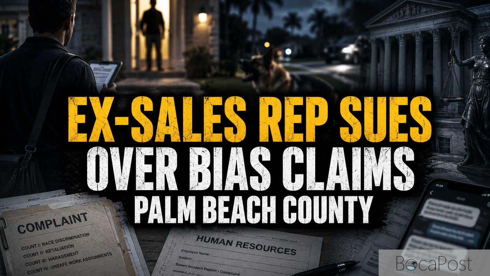 Dramatic local news graphic showing a blurred door-to-door sales scene, legal papers and centered text reading “Ex-Sales Rep Sues Over Bias Claims Palm Beach County.”