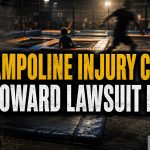 Illustration Of A Young Child Seated On A Trampoline Square With A Blurred Adult Figure Running In The Background, Layered With A Broward County Civil Complaint Document And A Gavel.