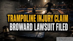 Illustration Of A Young Child Seated On A Trampoline Square With A Blurred Adult Figure Running In The Background, Layered With A Broward County Civil Complaint Document And A Gavel.