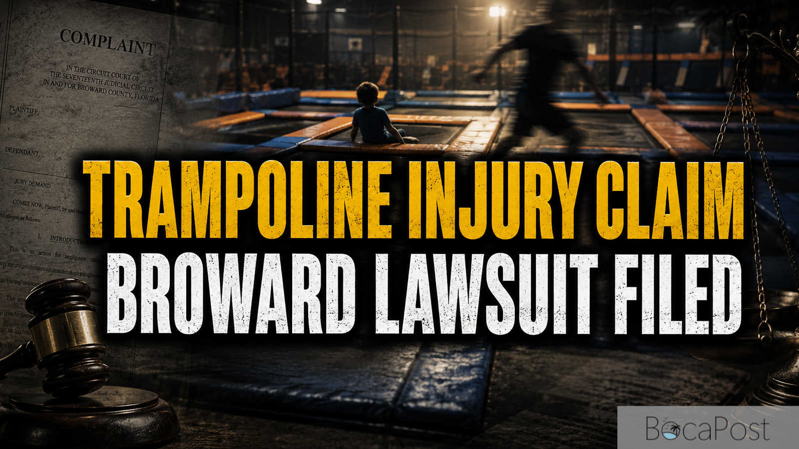 Illustration of a young child seated on a trampoline square with a blurred adult figure running in the background, layered with a Broward County civil complaint document and a gavel.