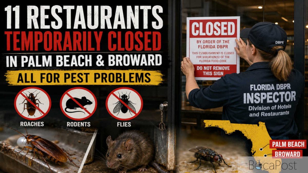 Illustration Of A Florida Dbpr Restaurant Inspector Posting A Closure Notice, With Roach, Rodent And Fly Warning Symbols And A Map Of Palm Beach And Broward Counties.