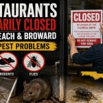 Illustration Of A Florida Dbpr Restaurant Inspector Posting A Closure Notice, With Roach, Rodent And Fly Warning Symbols And A Map Of Palm Beach And Broward Counties.