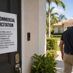 Ai-Generated Illustration Of A &Quot;No Commercial Solicitation&Quot; Sign On A Front Door With A Salesperson Walking Away In A South Florida Neighborhood.