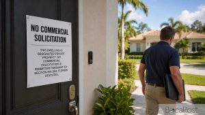 Ai-Generated Illustration Of A &Quot;No Commercial Solicitation&Quot; Sign On A Front Door With A Salesperson Walking Away In A South Florida Neighborhood.