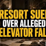 Illustrative Local News Graphic Showing A Dark Resort Elevator Lobby With Legal Papers And Centered Text Reading Resort Sued Over Alleged Elevator Fall.