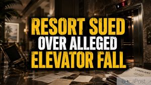 Illustrative Local News Graphic Showing A Dark Resort Elevator Lobby With Legal Papers And Centered Text Reading Resort Sued Over Alleged Elevator Fall.