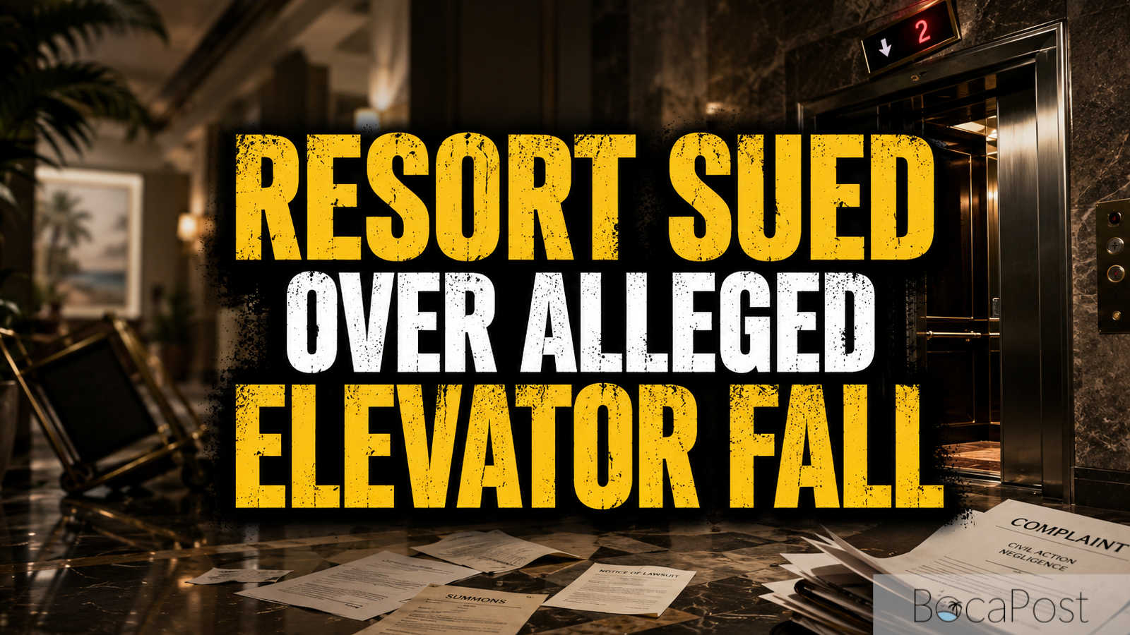 Illustrative local news graphic showing a dark resort elevator lobby with legal papers and centered text reading Resort Sued Over Alleged Elevator Fall.