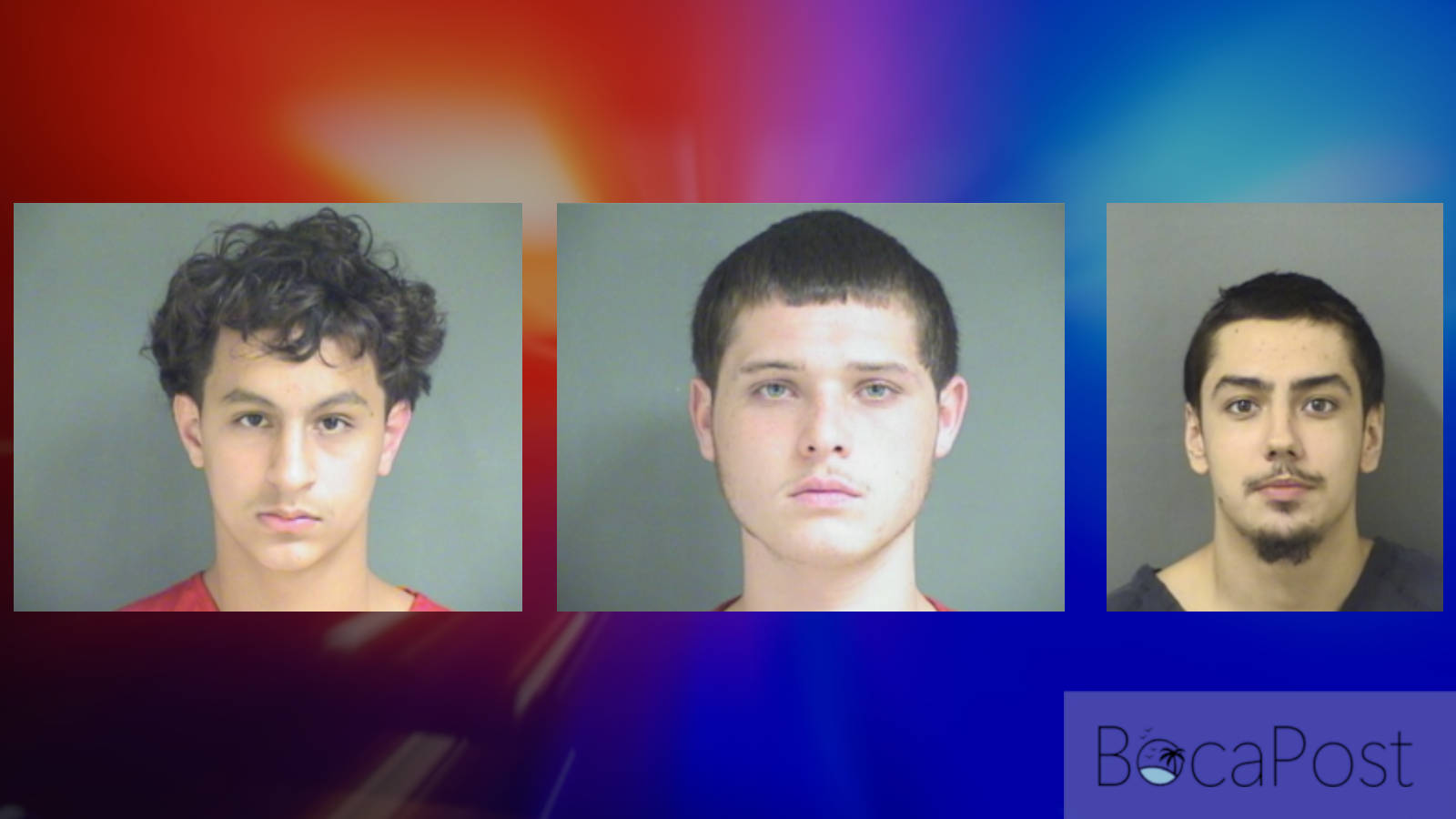 Booking photos of Easton Meza, Victor Manuel Rivero III, and Calvin Devon Waldon Jr., released by the Palm Beach County Sheriff's Office