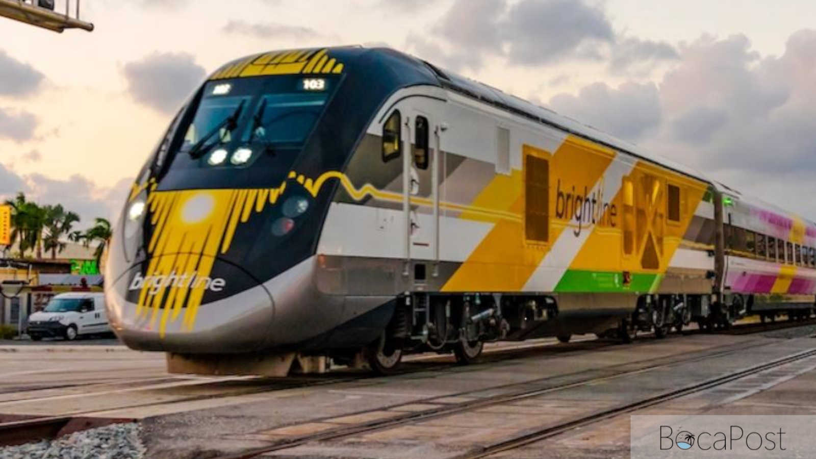 Yamato, Glades, Palmetto Park Among Boca Crossings Facing Brightline Safety Work Brightline train passing through a Boca Raton railroad crossing.